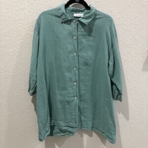 Bryn Walker 100% Linen Button Front Shirt Size L Green Collared Top